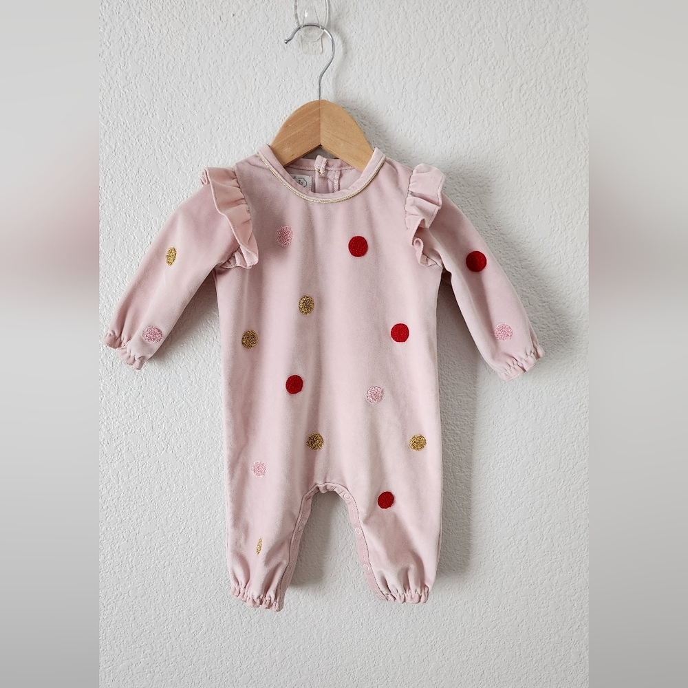 Mud Pie Pink Polka Dot Baby Velour Bodysuit Size 3-6M
